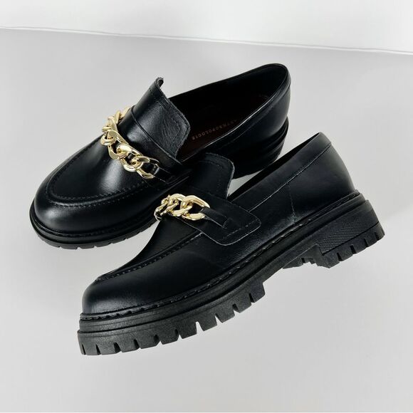 Anthropologie Black Leather Lug Sole Platform Loafers With Gold Chain Size 6 - Picture 7 of 10